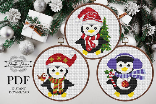 Christmas penguin Modern Cross Stitch Pattern Set, easy cross stitch chart, penguin set 3, Instant download PDF