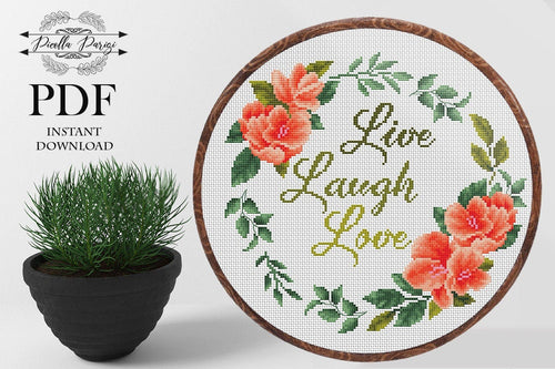 Quote Cross Stitch Pattern Modern Floral wreath counted cross stitch chart Live Laugh Love Instant download PDF