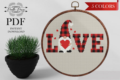 Love cross stitch pattern, Valentines day Cross Stitch Pattern,  Heart cross stitch pattern, Gnome cross stitch pattern, love gift