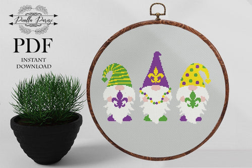 Mardi Gras cross stitch pattern, Fleur De Lis cross stitch pattern, Fat Tuesday cross stitch pattern Gnomes cross stitch pattern