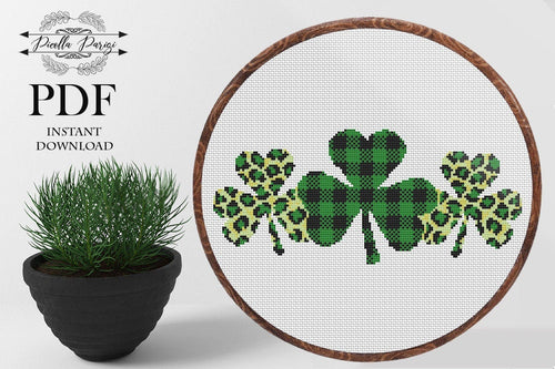 Patricks Day cross stitch pattern, Shamrock cross stitch pattern, Gnomes love cross stitch, Buffalo plaid cross stitch