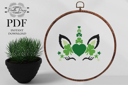 Patricks Day cross stitch pattern, Unicorn cross stitch pattern, Unicorn face cross stitch, Shamrock cross stitch pattern