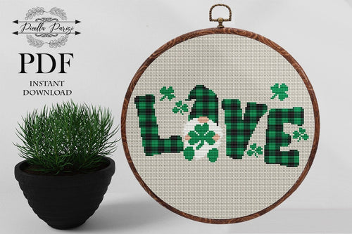 Patricks Day cross stitch pattern, Patricks day Gnomes cross stitch pattern, Gnomes love cross stitch, Buffalo plaid cross stitch