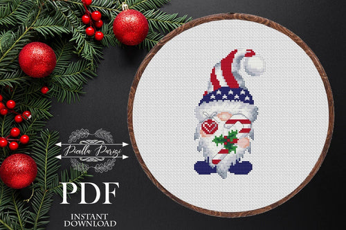 Christmas Gnome Modern Cross Stitch Pattern, Patriotic Gnome cross stitch pattern, Easy cross stitch pattern, Instant download PDF