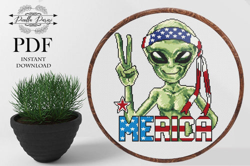 Patriotic cross stitch pattern USA cross stitch, Independence day cross stitch, Alien  cross stitch USA flag PDF