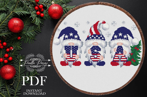 Modern Christmas cross stitch pattern, Patriotic Gnomes cross stitch pattern, Merry Christmas cross stitch pattern, Set of 3 Gnomes,  PDF