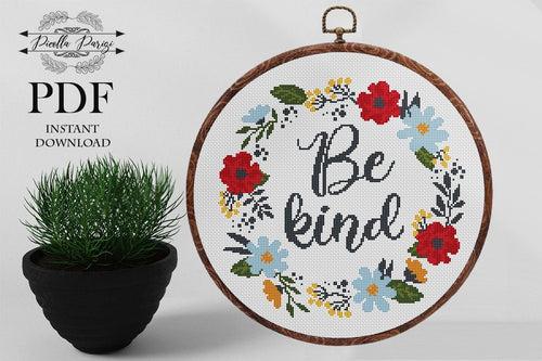 Quote cross stitch pattern, Funny cross stitch,  floral wreath cross stitch pattern, Be kind cross stitch, xstitch chart