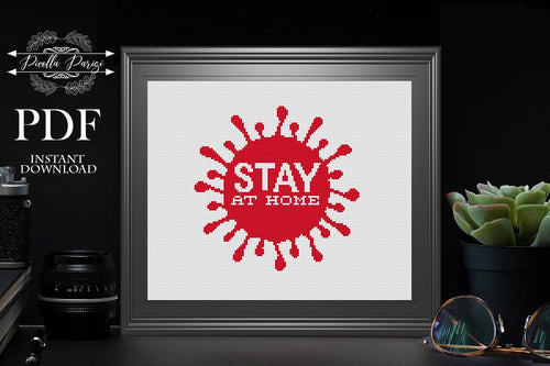 Stay at home wreath cross stitch pattern, cross stitch PDF circle, modern cross stitch ,xstitch chart pillow, quarantine, virus cross stitch